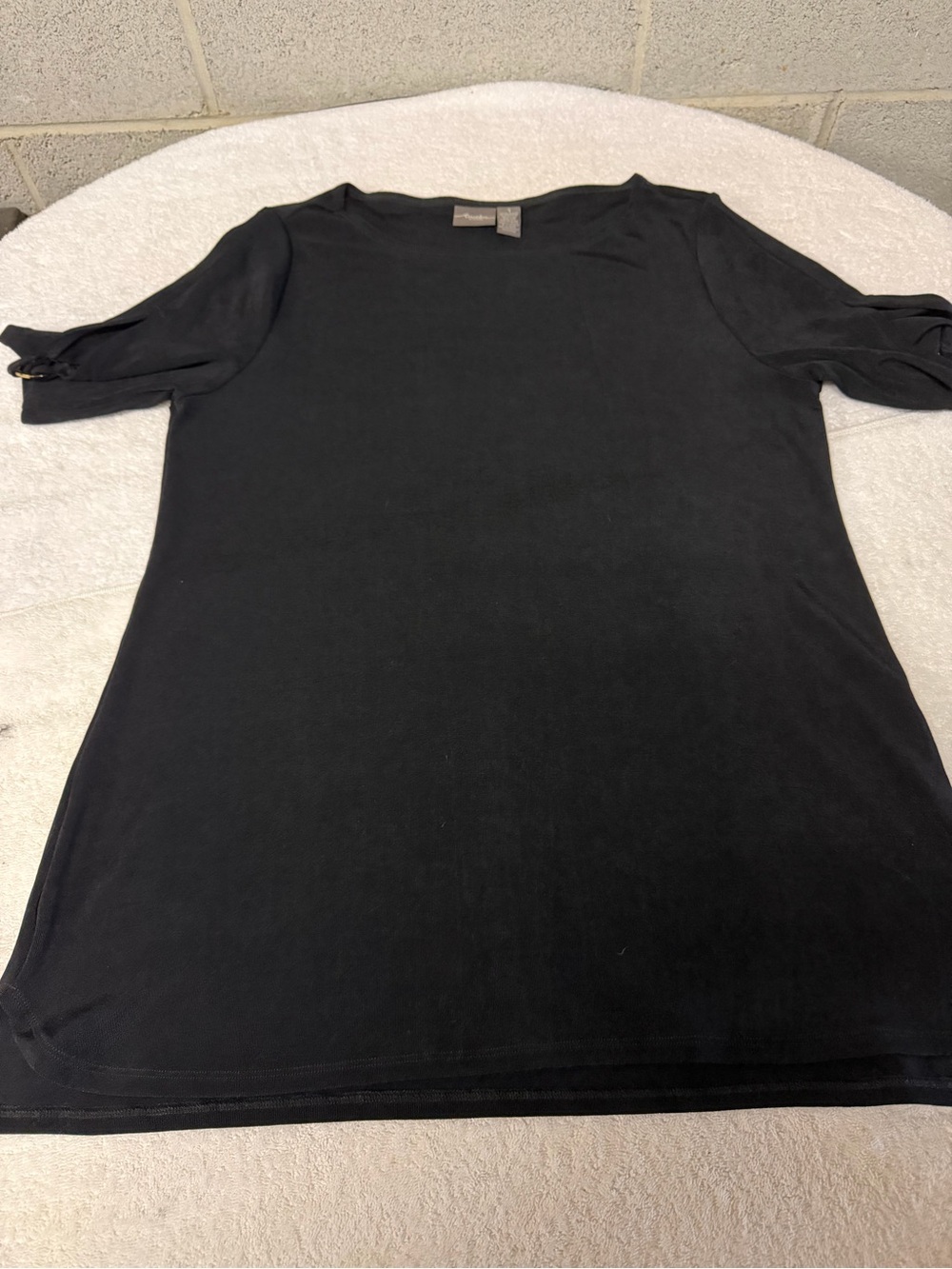 Chicos Travelers Black Women's Short Sleeve Top with gold adorned sleeves Sz 1